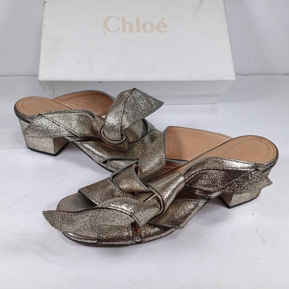 Chloe Top Knot Women's Gray metallic Block mini Heel Sandal size 38 - Picture 1 of 3